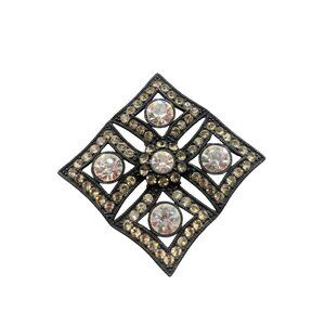 Black and Clear Rhinestones Brooch Maltese Cross Square Vintage Beauty